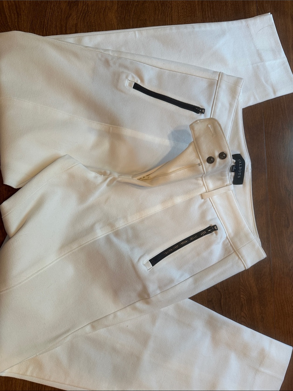 Talbots White Straight-Leg Ponte Pants with Black Zippers